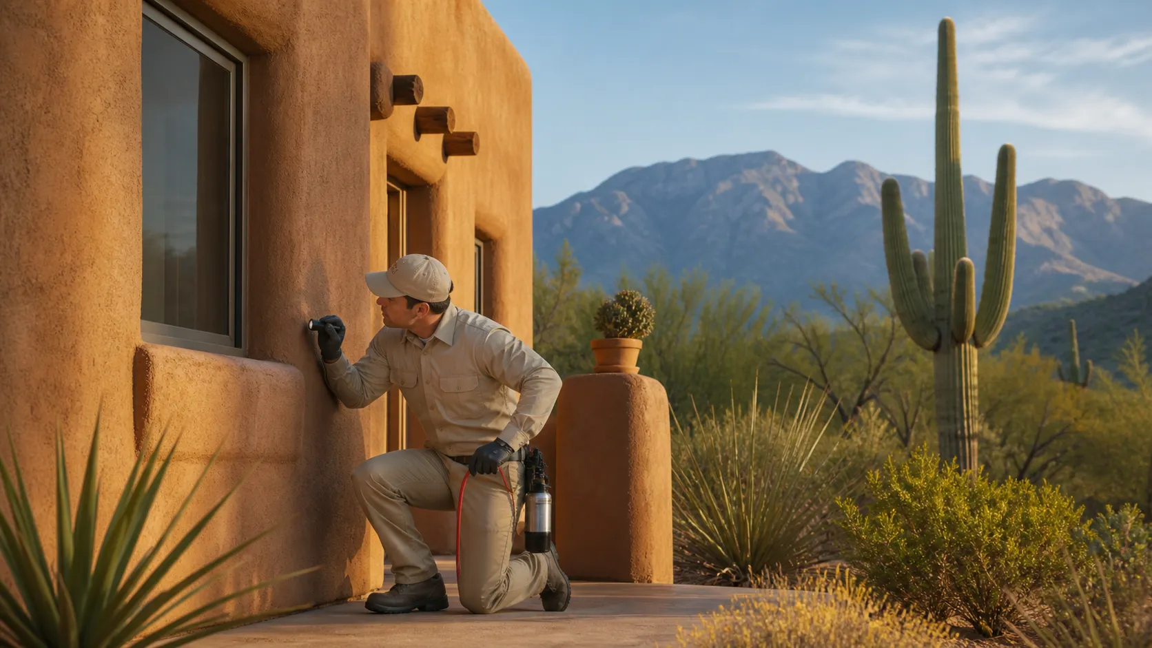 Pest control technician inspecting a stucco home in Tucson with saguaros and the Catalina Mountains behind