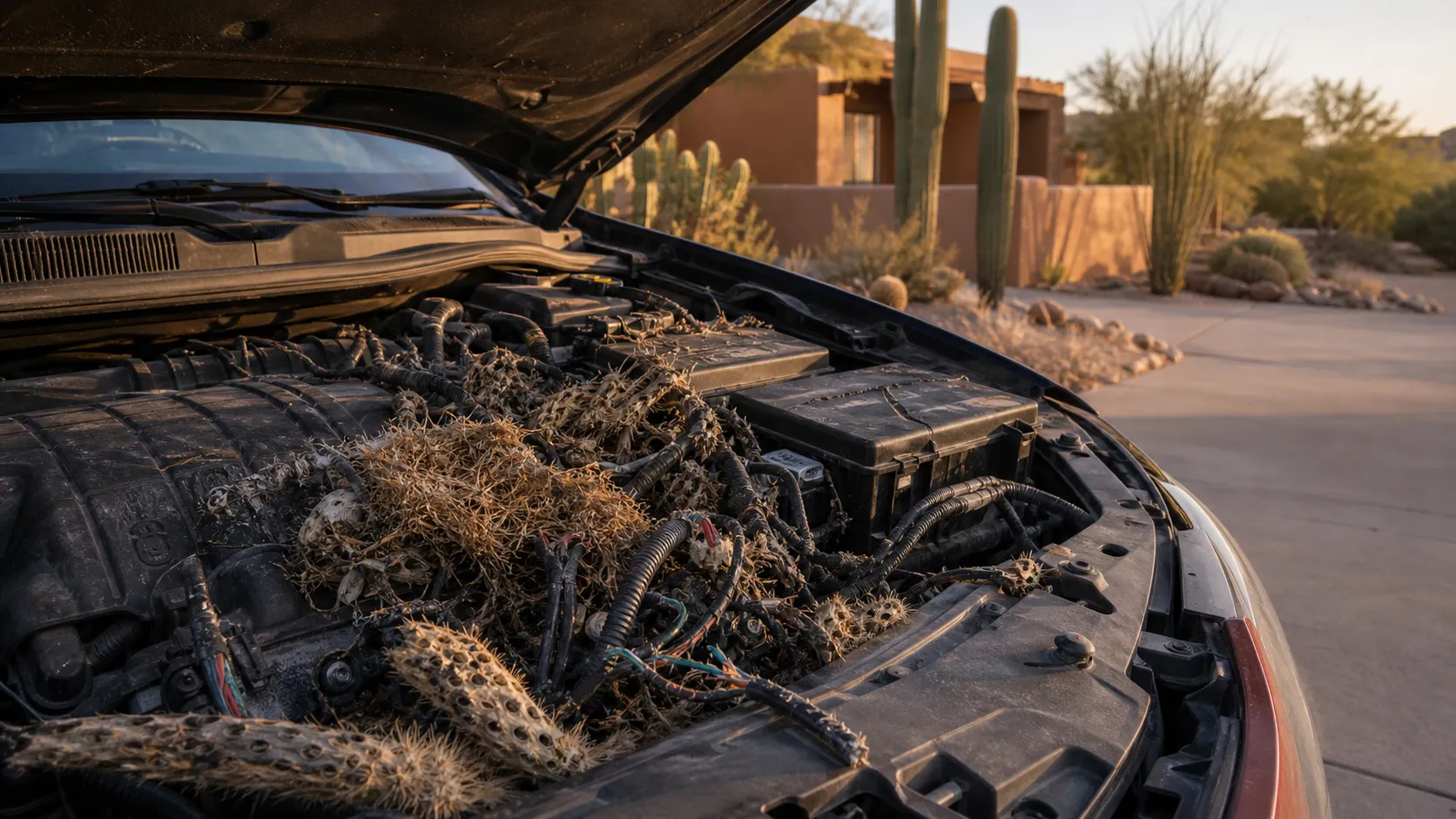 Pack rat nest of sticks and cactus joints packed into the engine bay of a truck parked in Tucson