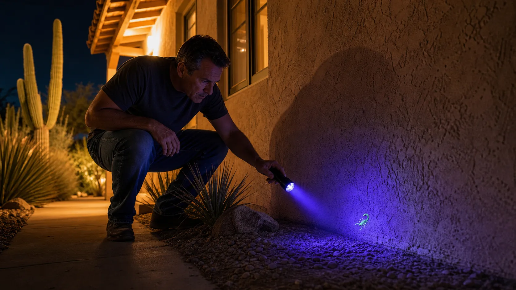 Homeowner checking a stucco wall with a UV flashlight at night