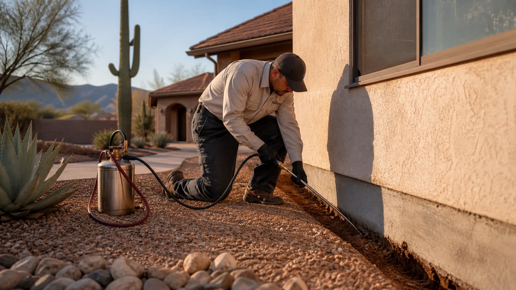 Technician trenching along a stucco home foundation in Tucson to apply liquid termite treatment